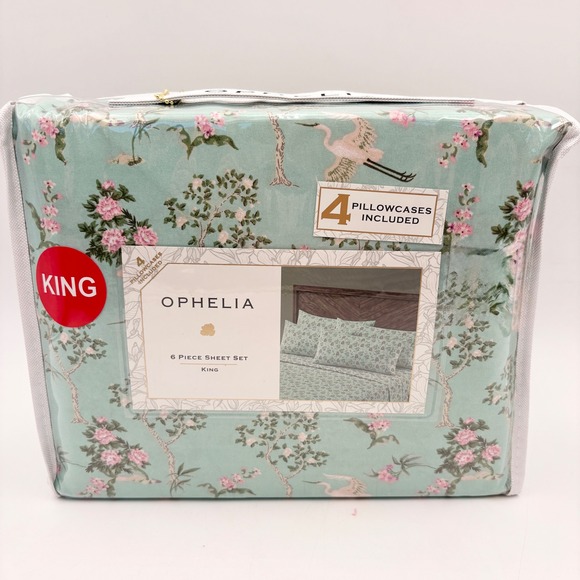 Ophelia King Sheet Set 6 Piece Mint Green Pink Floral Chinoiserie Crane Print